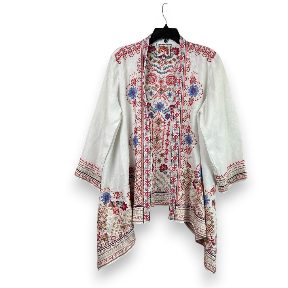 Johnny Was Linen Embroidered Kimono Duster L Open Front Floral Boho Cardigan